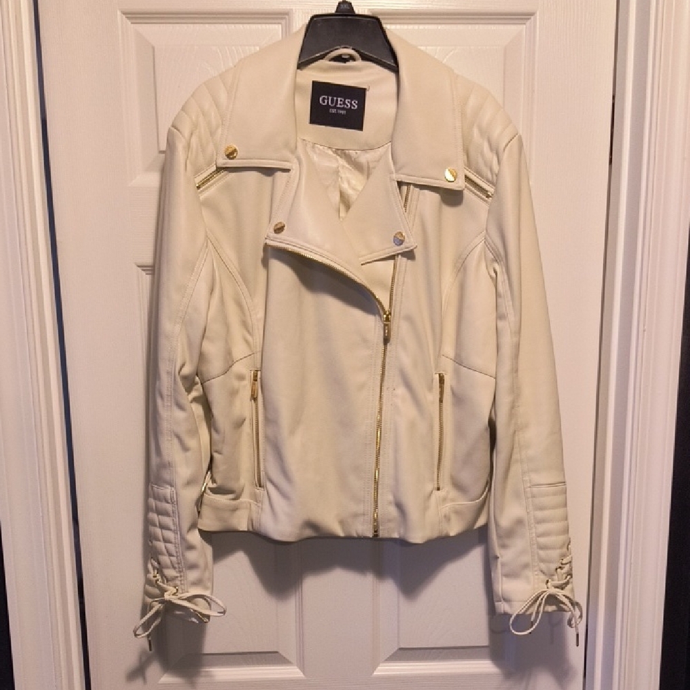 GUESS Women's Ivory Faux Leather Jacket